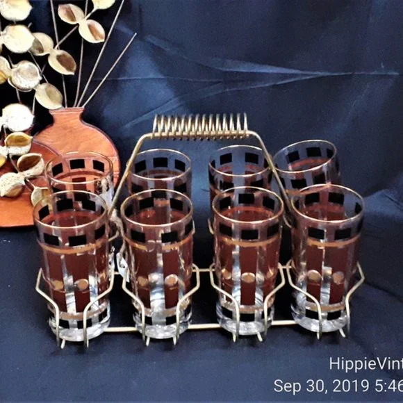 MCM Fred Press RARE Tom Collins Glasses set of 8 CADDY NOT INCLUDED
